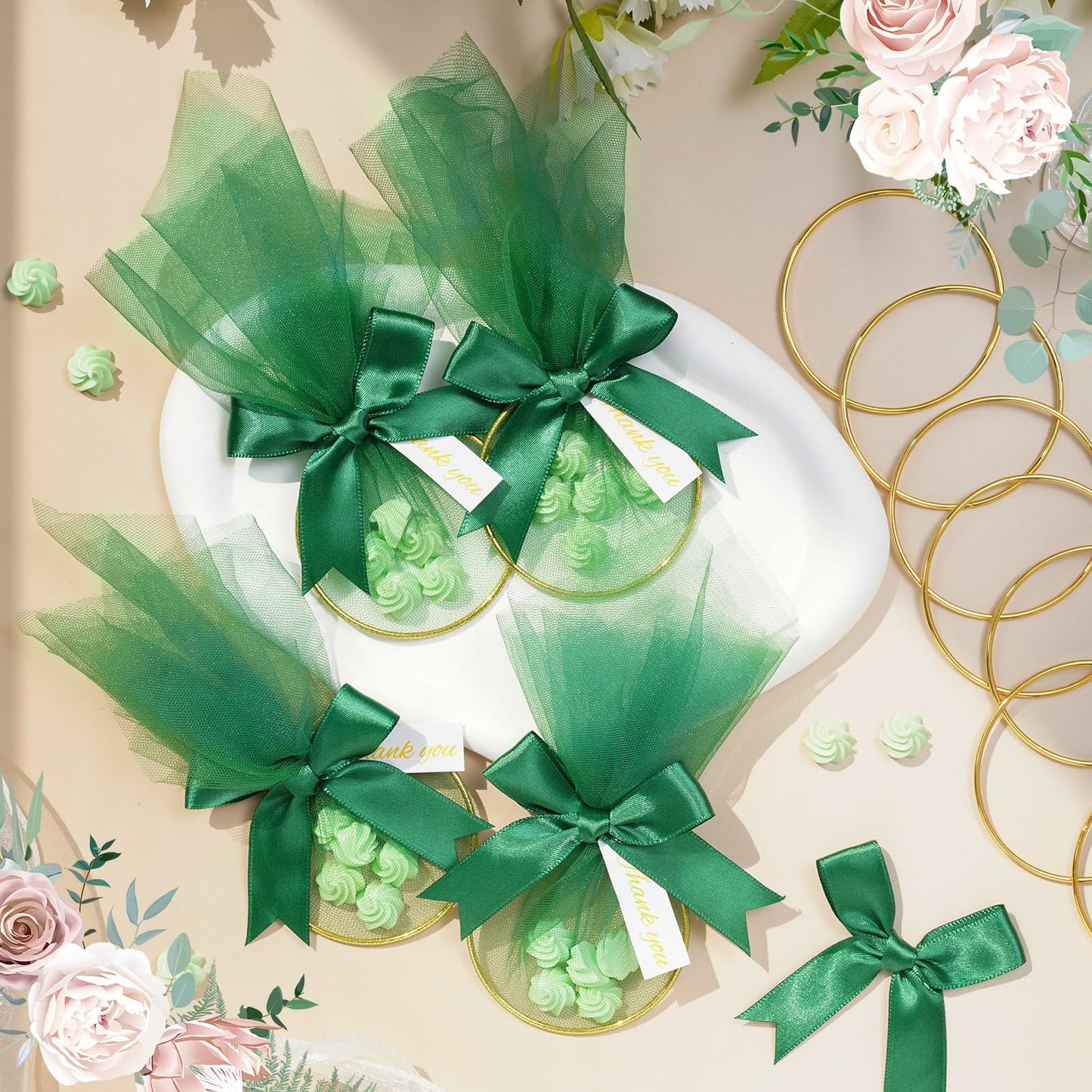 CPEGHDVM 50Pcs Organza Gift Bags, Christmas Thank You Gift Bags with Bow, Jewelry Pouches with Drawstring for Wedding Halloween Christmas Party Favor, 5.9 * 2.7in (Green)