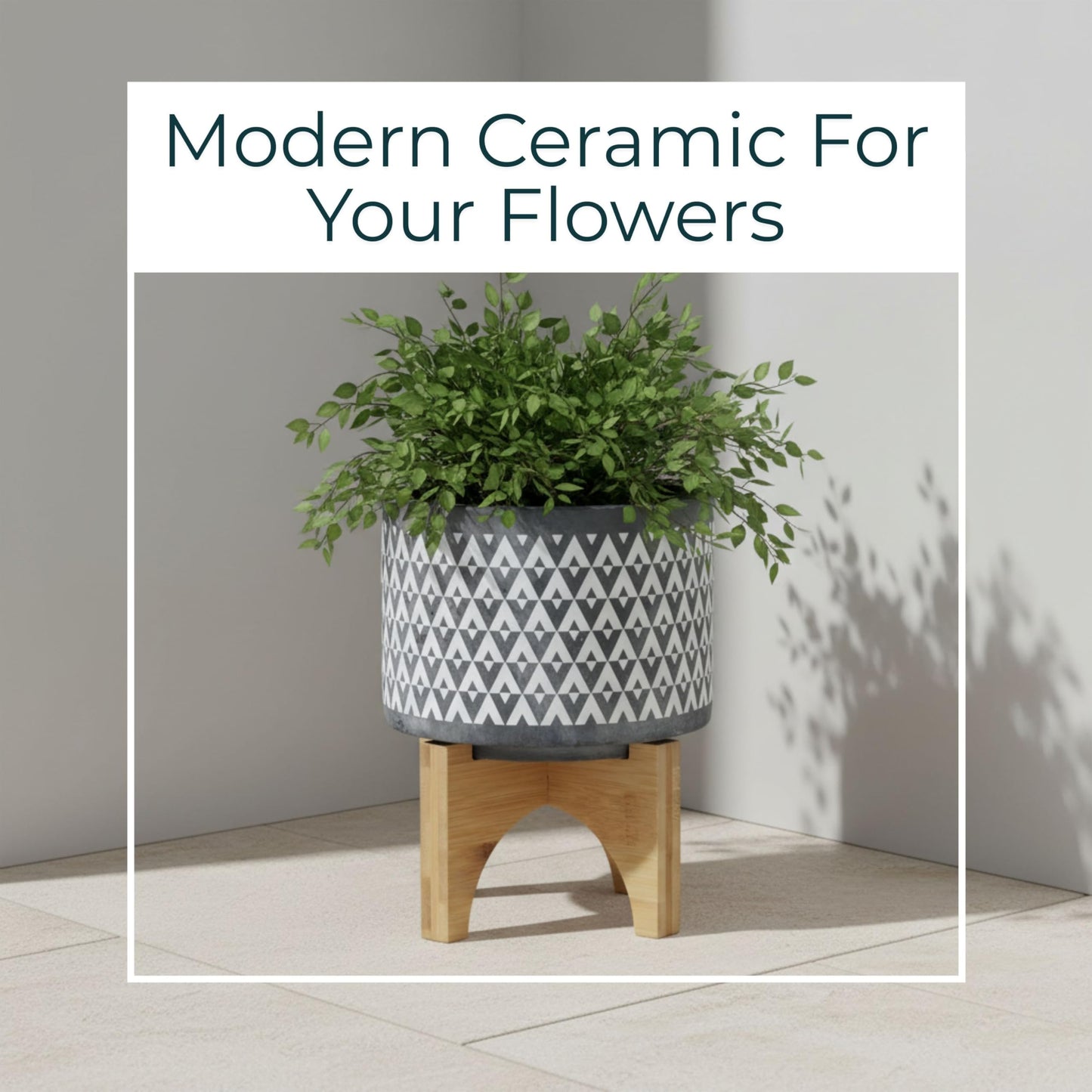Aztec Decorative Planter Pot on Wooden Stand – Ceramic Stoneware Outdoor & Indoor Plant Pot with Gray Geometric Pattern – Modern Garden & Home Decor Ceramic Planters – 6", Gray