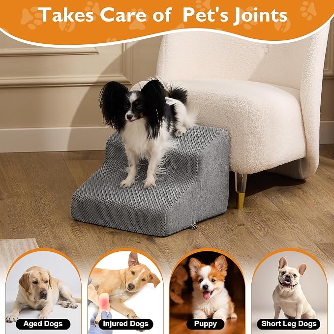 Dog Stairs for Small Dogs 11.5’’ H, 2-Step Dog Steps for Bed, Pet Stairs and Ramp for Dogs and Cats to Get on Beds, Couch, Non-Slip Balanced Pet Steps with Waterproof Cover, Grey