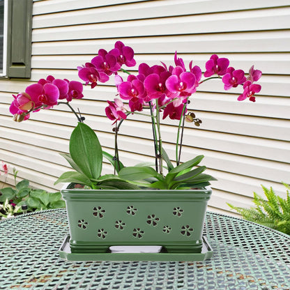 EXQUAILTY Orchid Pot with Holes12 Inch Ceramic Plant Pots with Drainage Holes and Tray, Promoting Air Circulation and Drainage, Indoor/Outdoor Green Flower Pots