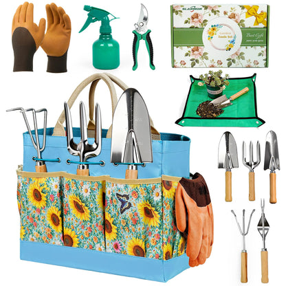 Garden Tool Set, 10 PCS Gardening Essentials, Stainless Steel Garden Hand Tools with Tote Bag, Well-Designed Gardening Supplies Kit Gifts for Women Men Gardeners