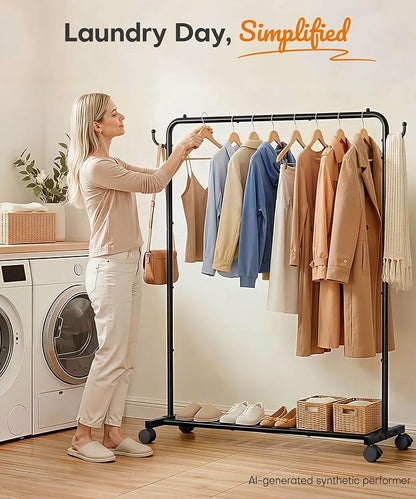 Homde Heavy Duty Clothes Rack: 120lb Standing Garment Storage for Indoor - Rolling Hanging Rod for Bedroom Laundry Room - Coat Dress Organizer on Wheels with luggage shelf (Black, 46.5")