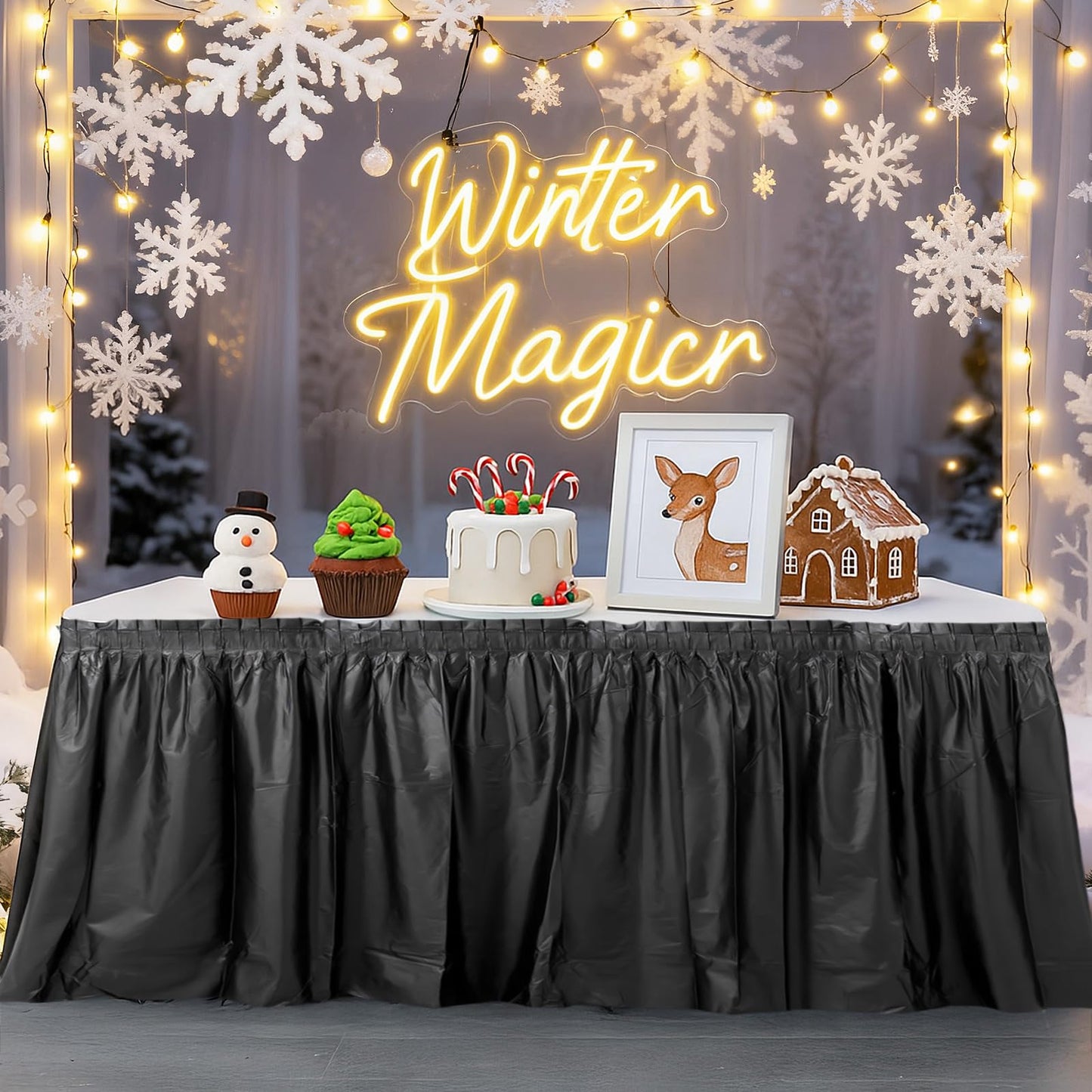 6 Pcs Plastic Table Skirt 28 Inches x 14.7 ft Disposable Table Skirt for Rectangle Tablecloth Wedding Shower Birthday Party Banquet(Black)