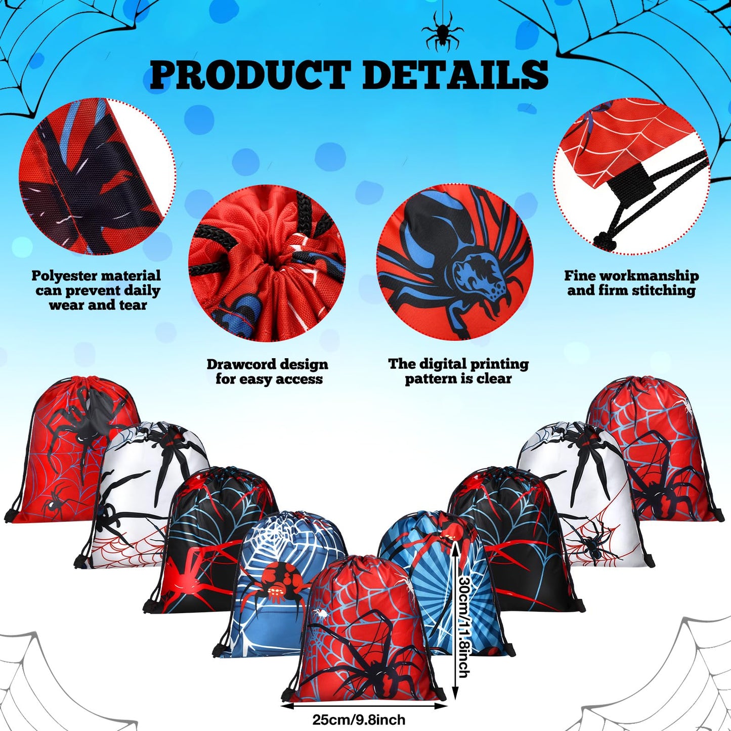 Lothee 32 Pcs Spider Party Favors Spiderweb Birthday Party Decor Drawstring Bag Goodies Bags with Rubber Bracelets Wristlet Keychain for Spiders Supplies Friends Gifts Carnival Accessories(Spiderweb)