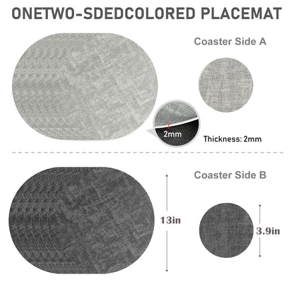 13" Round Placemats Set of 6 with Coasters, Reversible Faux Leather Heat Resistant Table Mats, 100% Waterproof Oilproof Wipeable Double-Sided Place Mats for Indoor/Outdoor Use (Light Grey) ﻿ ﻿