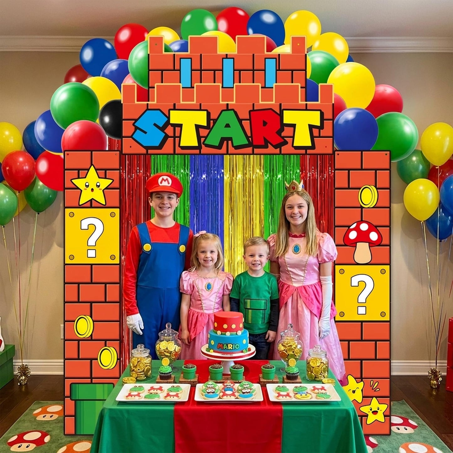 JewGewenil Super Adventure Theme Party Banners - 25Pcs Red Green Blue Yellow Foil Fringe Backdrop Curtains and Balloon Decoration Set, Magic Inspired Design for Classroom Birthday Photo Booth (Start)