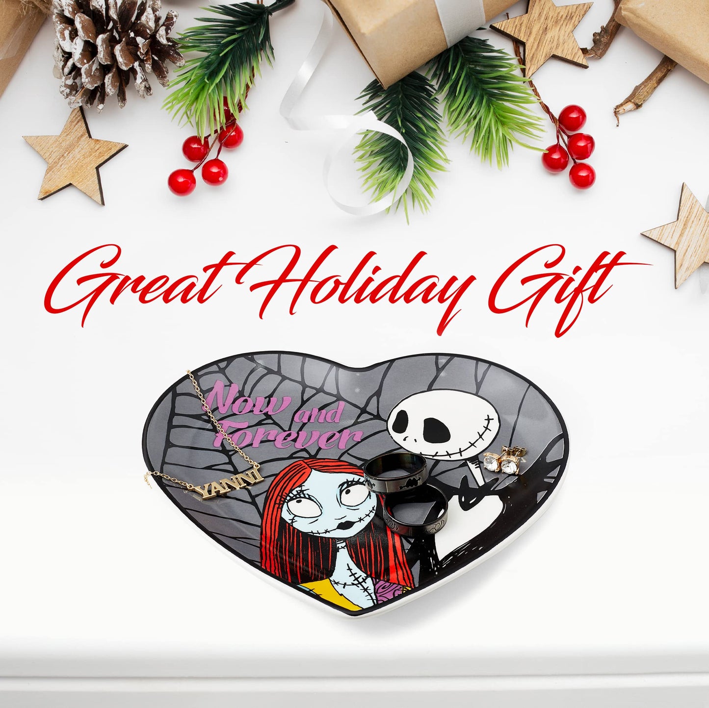 Disney The Nightmare Before Christmas Jewelry Dish - Ceramic Trinket Tray - Now and Forever Jack and Sally Heart Ring Dish