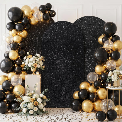 Set of 3 Black Arch Backdrop Covers Sequin Backdrop Arch Cover for Wedding Party Halloween Graguation Birthday Flower Balloon Stand(7.2ft, 6.6ft, 6ft)