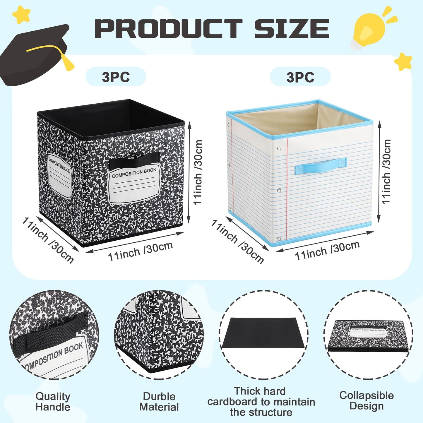 Briwooody 6 Pcs 11 Inch Composition Book Classroom Fabric Storage Bins Cube Classroom Must Have Cubby Basket Bin Notebook School Collapsible Storage Treasure Prize Box for Daycare Elementary Preschool