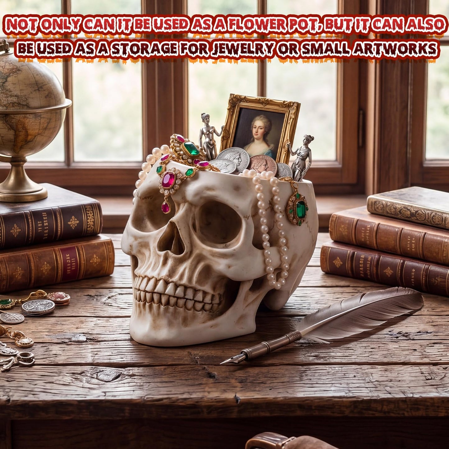 Acellegic 2 Pack Skull Planter Resin Skull Head Flower Pot Candy Bowl Spooky Gothic Decoration for Tabletop Home Bar Office Desk Halloween (Antique White, Minimalist)