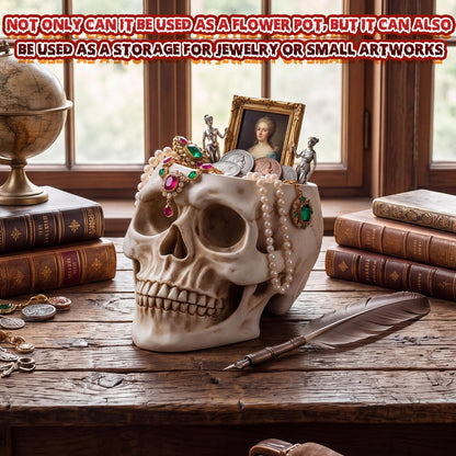 Acellegic 2 Pack Skull Planter Resin Skull Head Flower Pot Candy Bowl Spooky Gothic Decoration for Tabletop Home Bar Office Desk Halloween (Antique White, Minimalist)