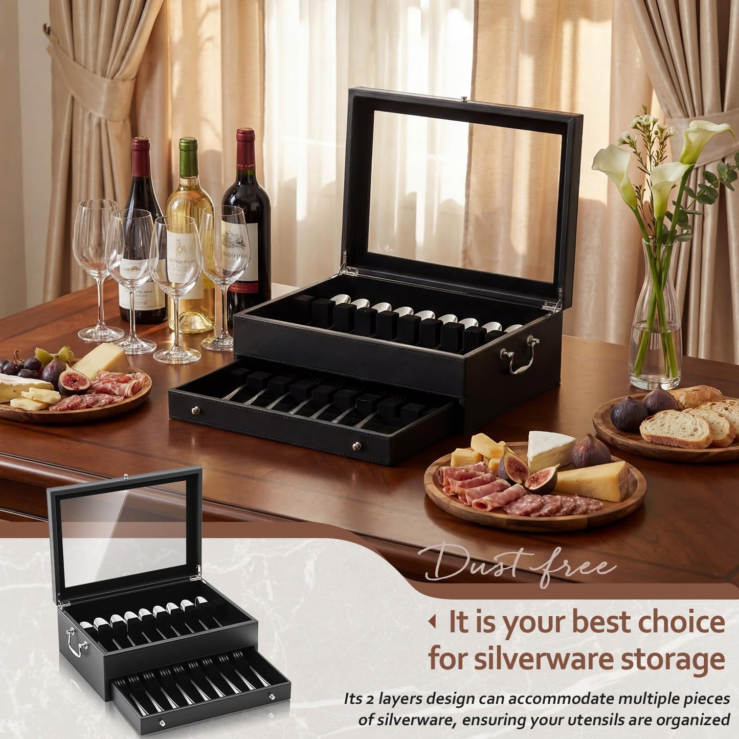 DoubleFill 2 Layer Leather Silverware Storage Box with Lid and Handles, Anti Tarnish Silverware Storage Chest Case with Felt-lined for 12-16 or More Sets of Utensils Flatware Gifts, 15.3x11.2x5.7 Inch