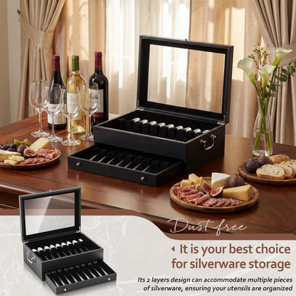 DoubleFill 2 Layer Leather Silverware Storage Box with Lid and Handles, Anti Tarnish Silverware Storage Chest Case with Felt-lined for 12-16 or More Sets of Utensils Flatware Gifts, 15.3x11.2x5.7 Inch
