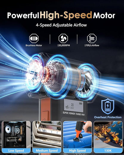 Electric Air Duster - OVVGO Compressed Air Duster Cordless Air Blower Rechargeable, 130000RPM 4-Gear Adjustable Dust Blower with LED Light Portable Duster for Cleaning Computer Keyboard Car Outdoor