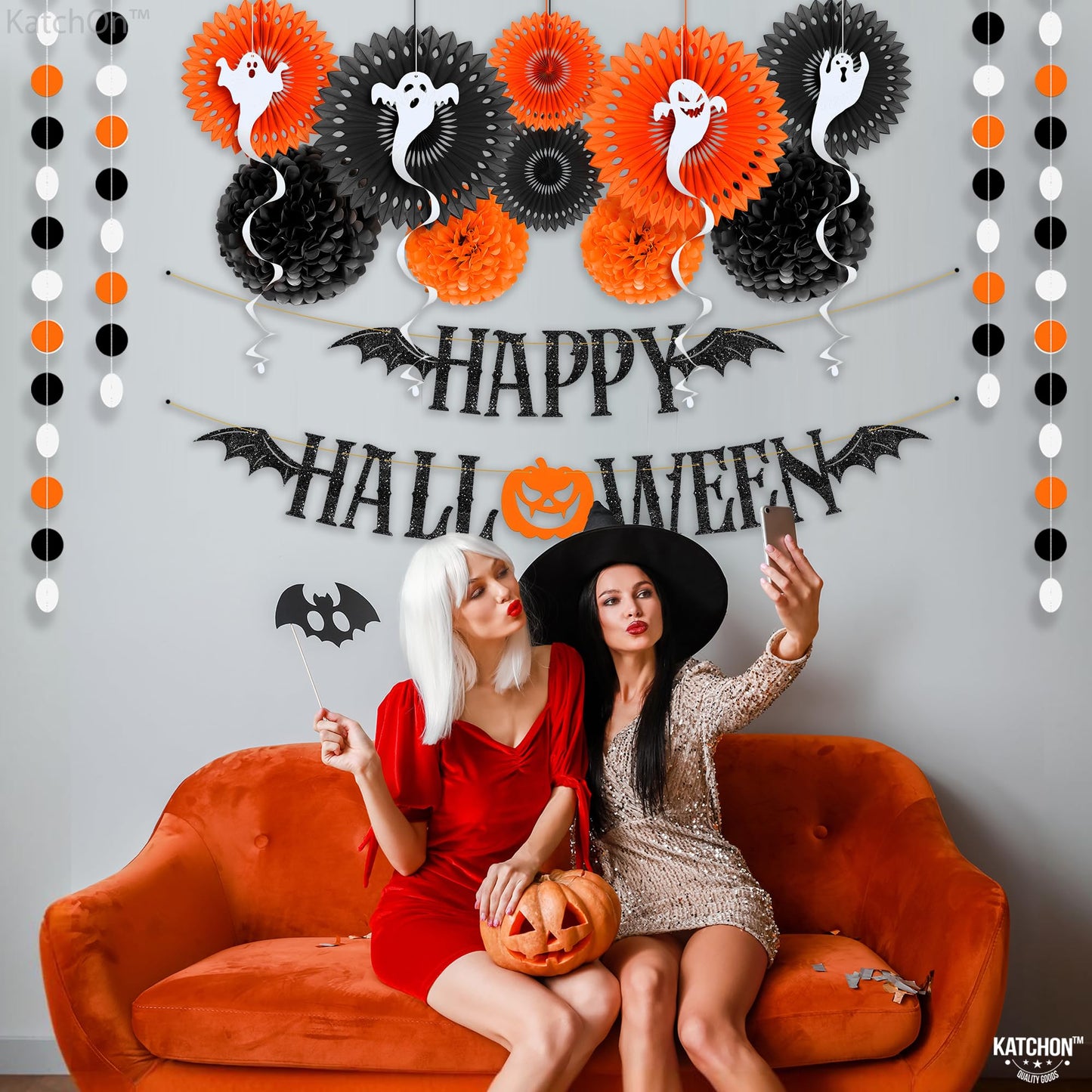 KatchOn, Halloween Decoration Bundle – 71 Pack Hanging Halloween Set with Banner, Garlands, Ghost Swirls, Pumpkins And Orange And Black Decoration Set with Fringe Backdrop And Balloon Arch Kit