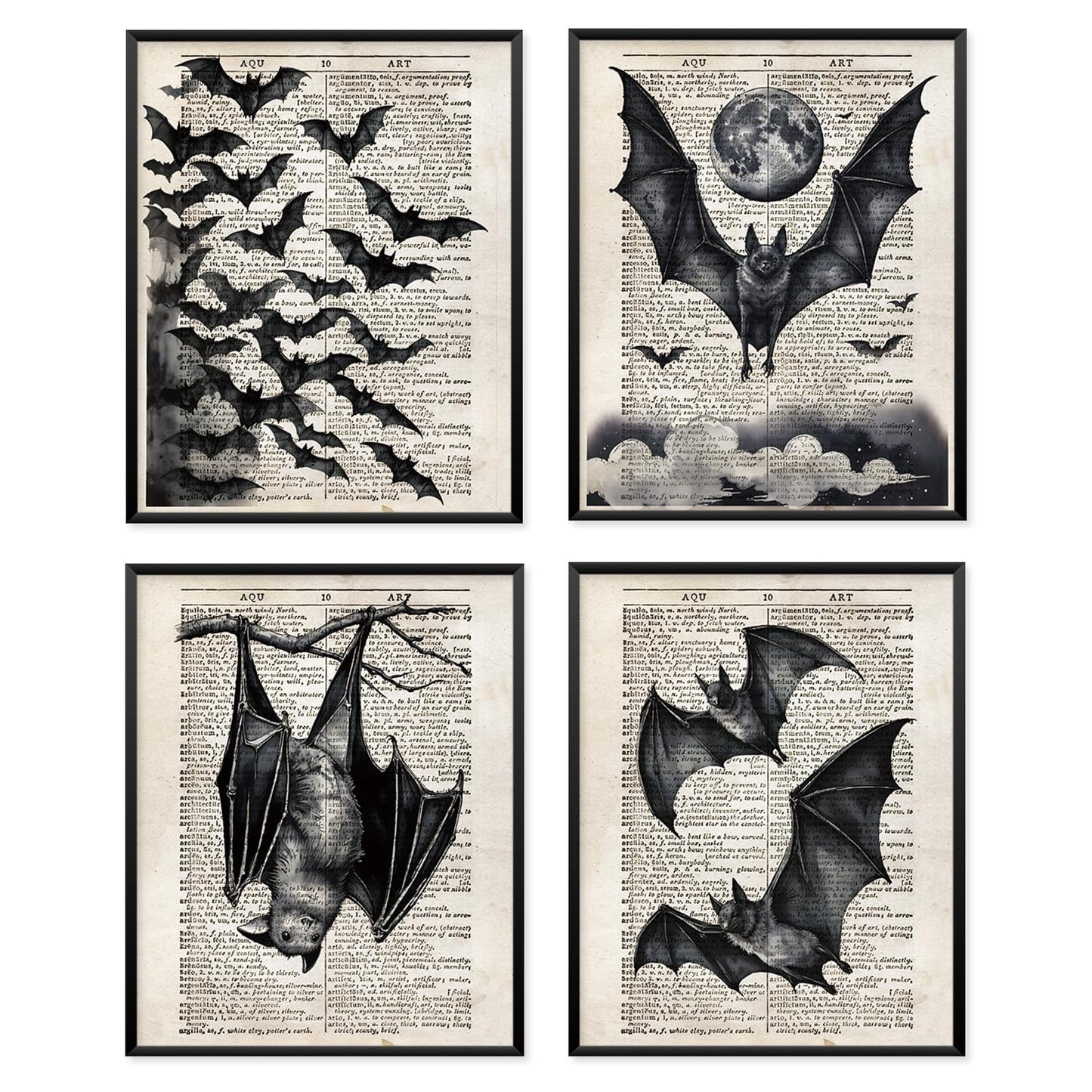VONTP Dark Academia Gothic Bat Wall Art Decor, Gothic Room Decor, Retro Mystical Full Moon Bats Goth Prints Poster Wall Decorations for Bedroom Living Room Home, 8x10 Set of 4 (Unframed)