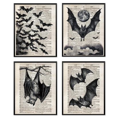 VONTP Dark Academia Gothic Bat Wall Art Decor, Gothic Room Decor, Retro Mystical Full Moon Bats Goth Prints Poster Wall Decorations for Bedroom Living Room Home, 8x10 Set of 4 (Unframed)