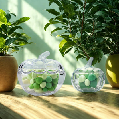 Crystal Pumpkin Jar with Cover, Glass Decorative Wedding Candy Bowl Snack Candy Dish Storage with Lid Organizer Canisters Home Decor Fall Thanksgiving Halloween Party Centerpieces (S, Transparent)