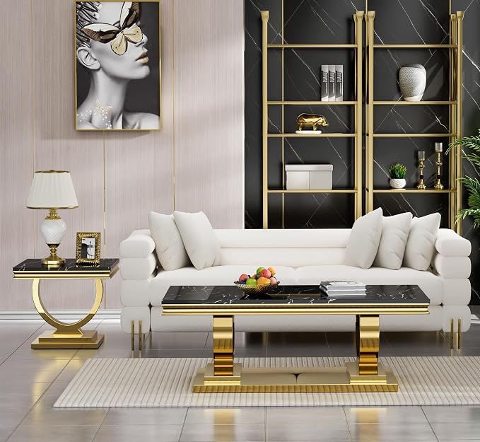 1 Piece Living Room Coffee Table Luxury Faux Marble Center Table, Modern Black Gold Coffee Table with Double O Shape Stainless Steel Pedestal Base,1 Table Only