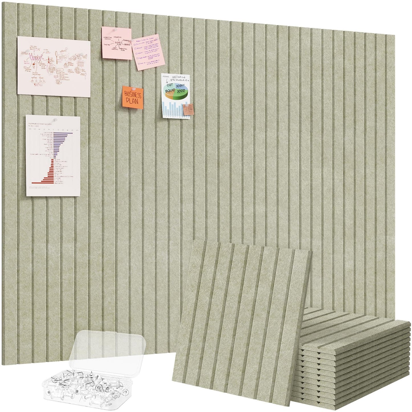Lifewit Felt Slatted Bulletin Board, 12 Pack Self-Adhesive Panel, 48"x 36" Total Size, Cork Board Alternative, Pin Message Board with 30 Pushpins for Room and Office Decor, Home, Dorm, Green