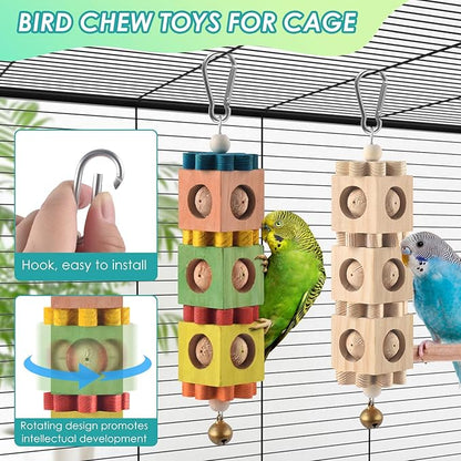 DBNESS 2 PCS Bird Chew Toys for Beak Grinding, Hanging Rotating Wood Block with Bell Parrot Foraging Enrichment Chewing Toy for Small to Medium Conure Cocktie Caique Similar Sized Pet Birds