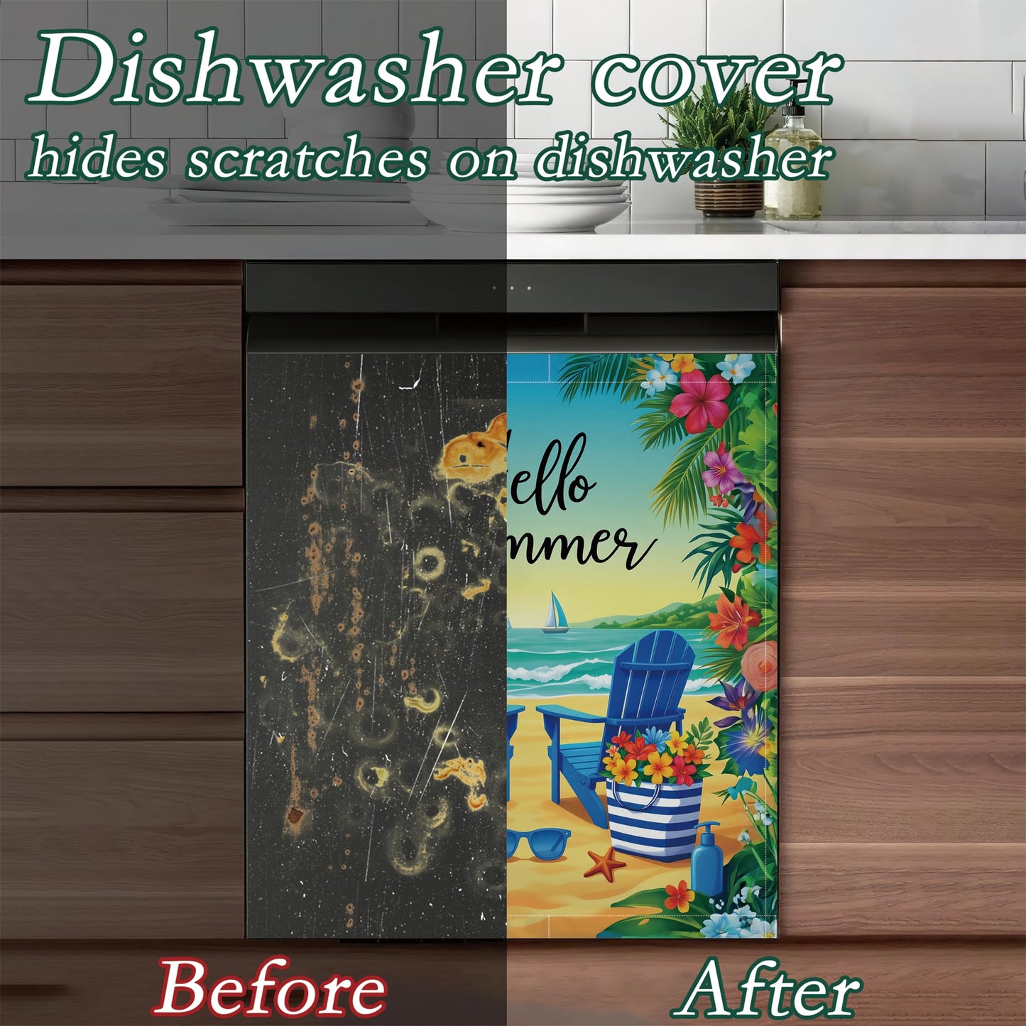 Summer Beach Refrigerator Magnet Cover,Tropical Flowers Washable Dishwasher Magnets Decorative Cover,Home Kitchen Decorative Dishwasher Front Panel Cover 23x26 Inch