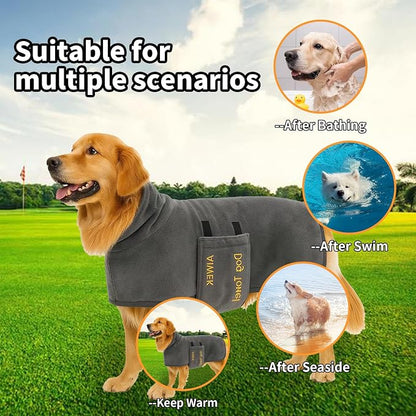 Dog Towel Dog Bathrobe, Microfiber Super Absorbent Pet, Quick Drying Robe for After Bath, Adjustable Collar & Belly Strap Pet Cat Bath Robe Towel Grey-XL