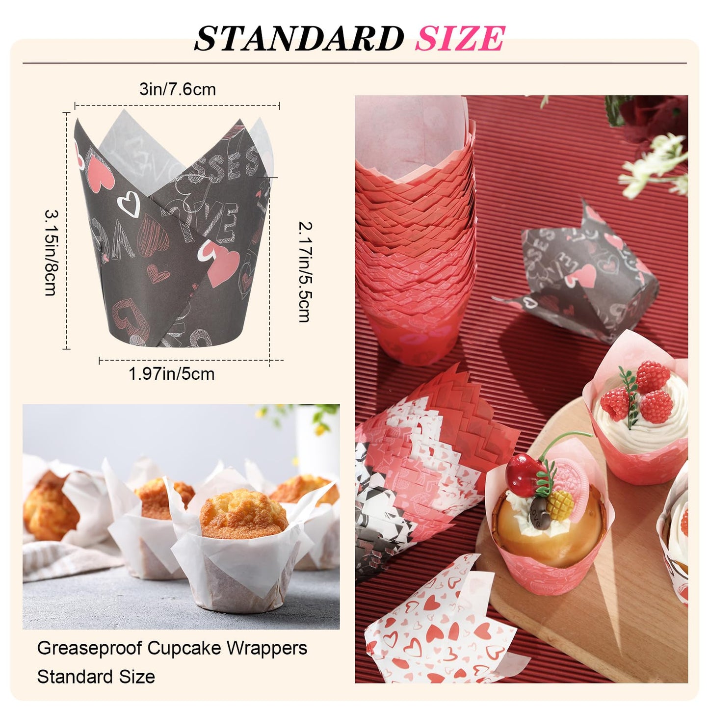 Havawish 500 Counts Valentines Day Tulip Cupcake Liners Love Baking Liners in Standard Size Heart Grease Proof Cupcake Wrappers Muffin Liner Holders for Baking Cups Wrapper for Party