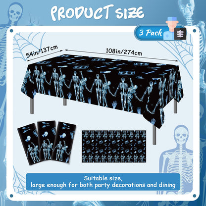 3 Pack Radiology X Ray Theme Disposable Tablecloths Halloween Funny Dancing Skeleton Table Cover Plastic Waterproof Table Cloth for Medical Party Radiology Doctor Birthday Graduation, 54 x 108 Inch