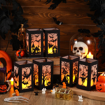 Riakrum 6 Pcs Halloween Table Decorations Table Centerpieces Boxes with Battery Operated Candle Holders Ghost Spiders Bat Silhouette Sketch Paper Lantern Boxes for Movie Night Party (Yellow Light)