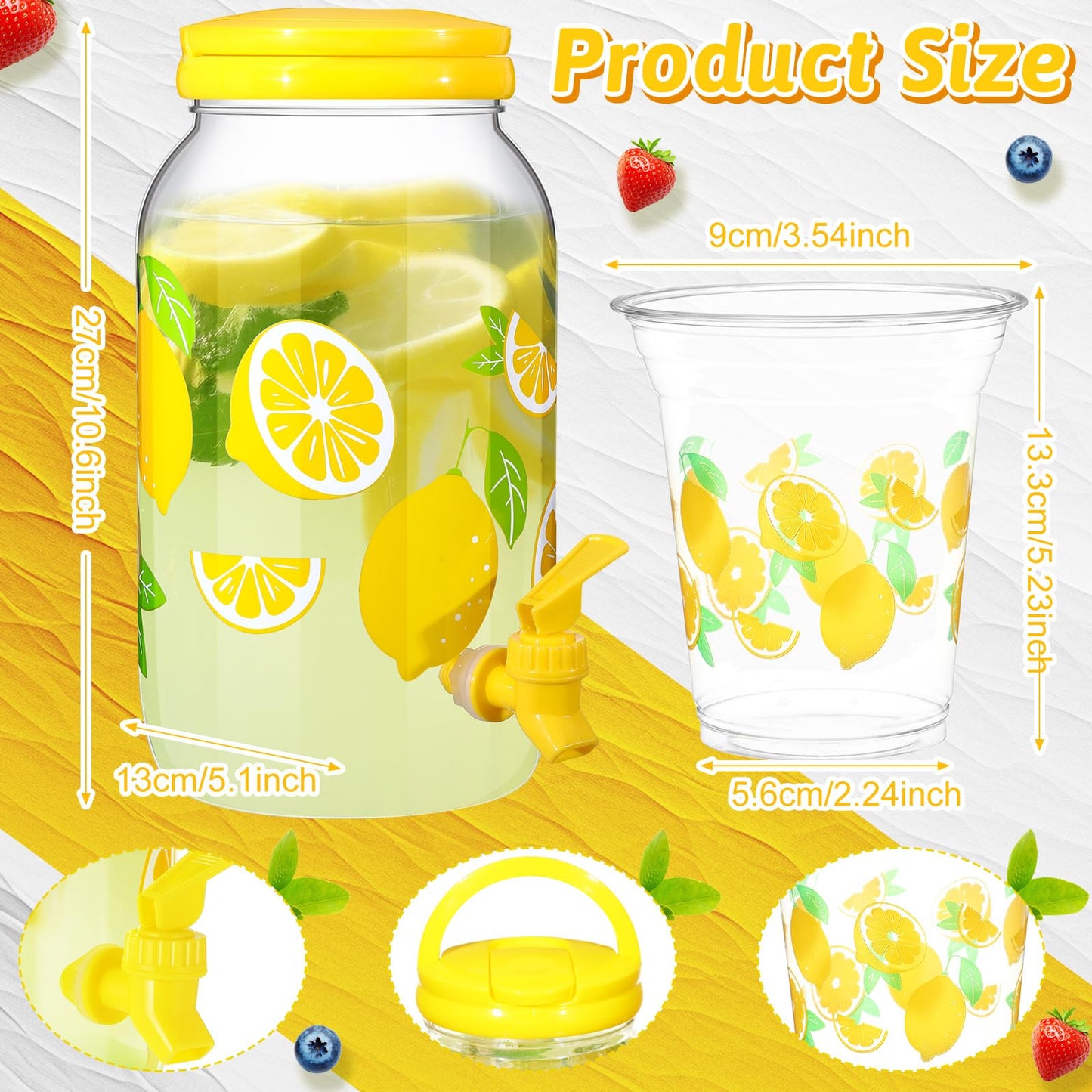 Umigy Lemonade Stand Supplies, 1 Gallon Plastic Drink Dispenser with Spigot, 100 Pcs 16 oz Lemon Disposable Plastic Cups with Lids and Straws, for Party Beverage Juice Ice Tea Beer(Lemon,Yellow)