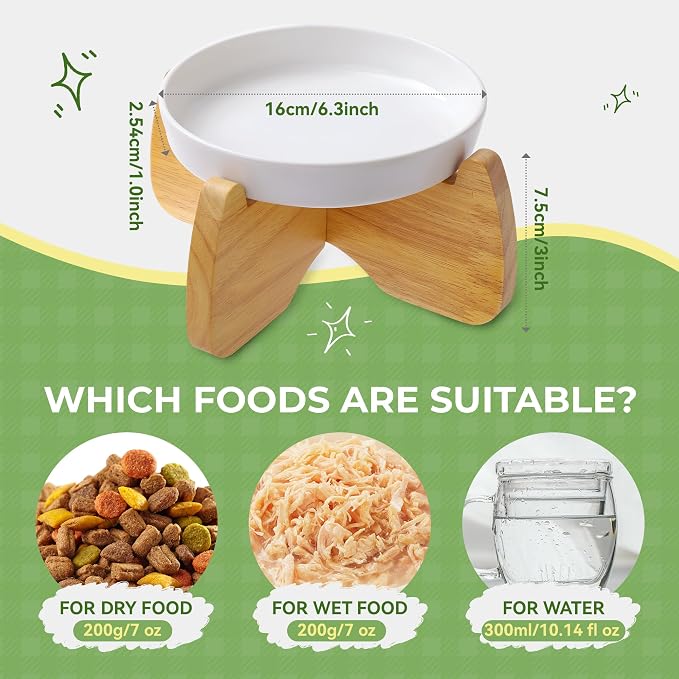 Raised Ceramic Cat Bowl 6.3" Wide Shallow Flat Bottom (1 Pack) | Neck Protective, Anti Whisker Fatigue, Anti Vomit, Dishwasher Safe, For Dry and Wet Food, For Kittens & Seniors