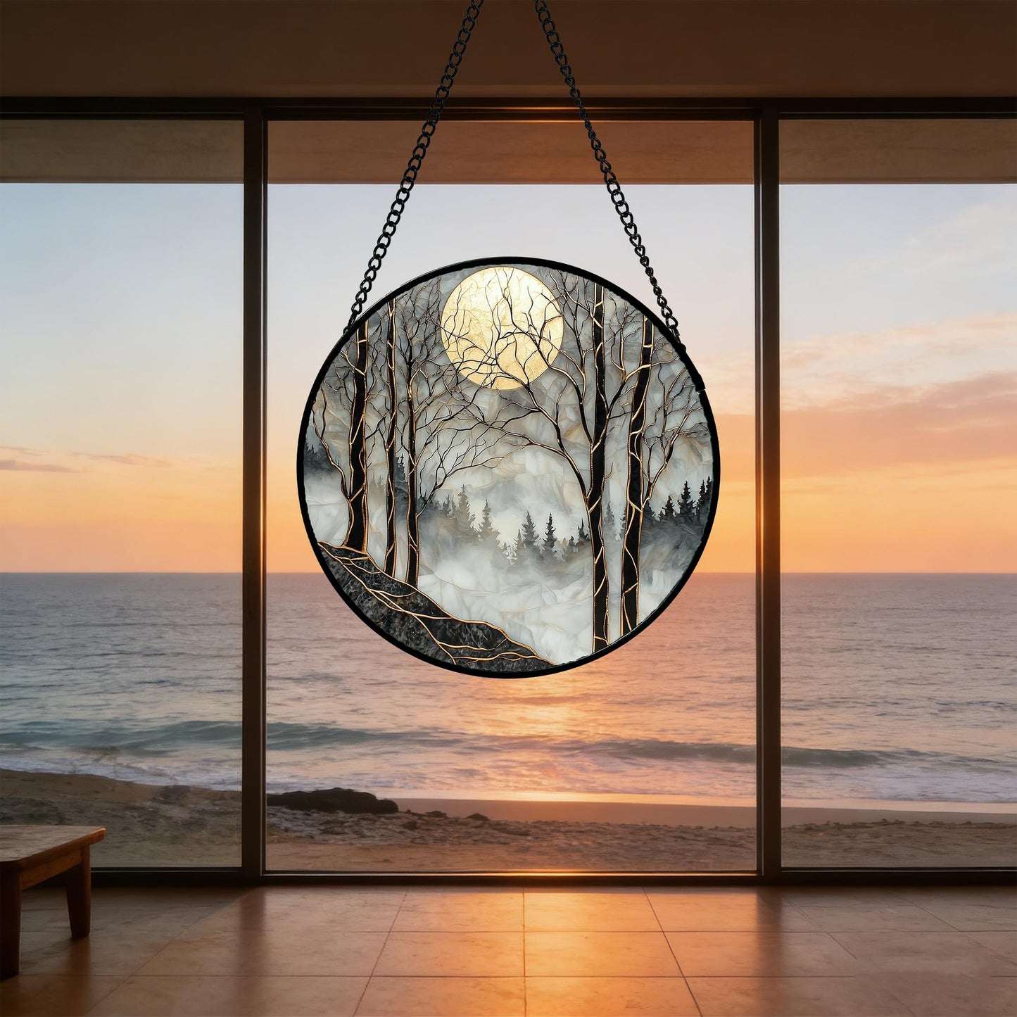 AMDERVEN Stained Glass Window Hanging - Grey Moon Forest Sun Catcher for Door Home Decor Suncatcher Christmas Mother's Day Birthday Gifts for Women Men Lovers Mom Nana 7.8 in