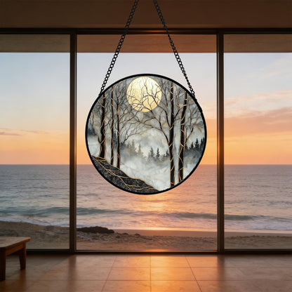 AMDERVEN Stained Glass Window Hanging - Grey Moon Forest Sun Catcher for Door Home Decor Suncatcher Christmas Mother's Day Birthday Gifts for Women Men Lovers Mom Nana 7.8 in
