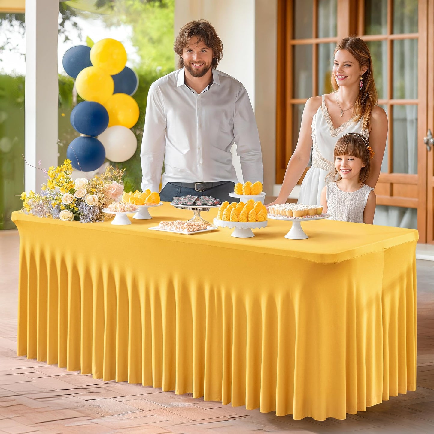 PARTISKY Golden Spandex Tablecloth for 6ft Rectangle Tables, Stretchable Table Cover Skirt for Folding Tables Weddings Parties Banquets Events Trade Shows and Dessert Table