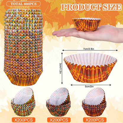 Whaline 600Pcs Fall Thanksgiving Cupcake Liners Plaid Baking Cups Autumn Muffin Cupcake Wrappers for Birthday Party Decor Supplies