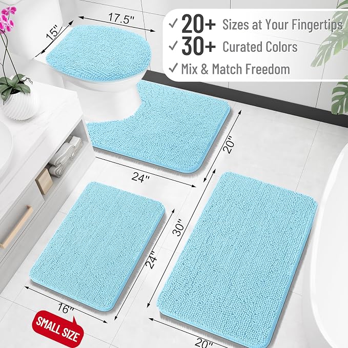 OLANLY Small Bathroom Rugs 24x16, Extra Soft Absorbent Chenille Bath Rugs, Rubber Backing Quick Dry, Machine Washable Bath Mats for Bathroom Floor, Tub and Shower, Home Decor Accessories, Sky Blue