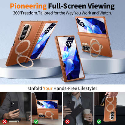 RUIMMU for Samsung Galaxy Z Fold 7 Case - Luxury Leather Texture Zfold 7 Case with Screen Protector, Kickstand and 360° Ring Holder Brown