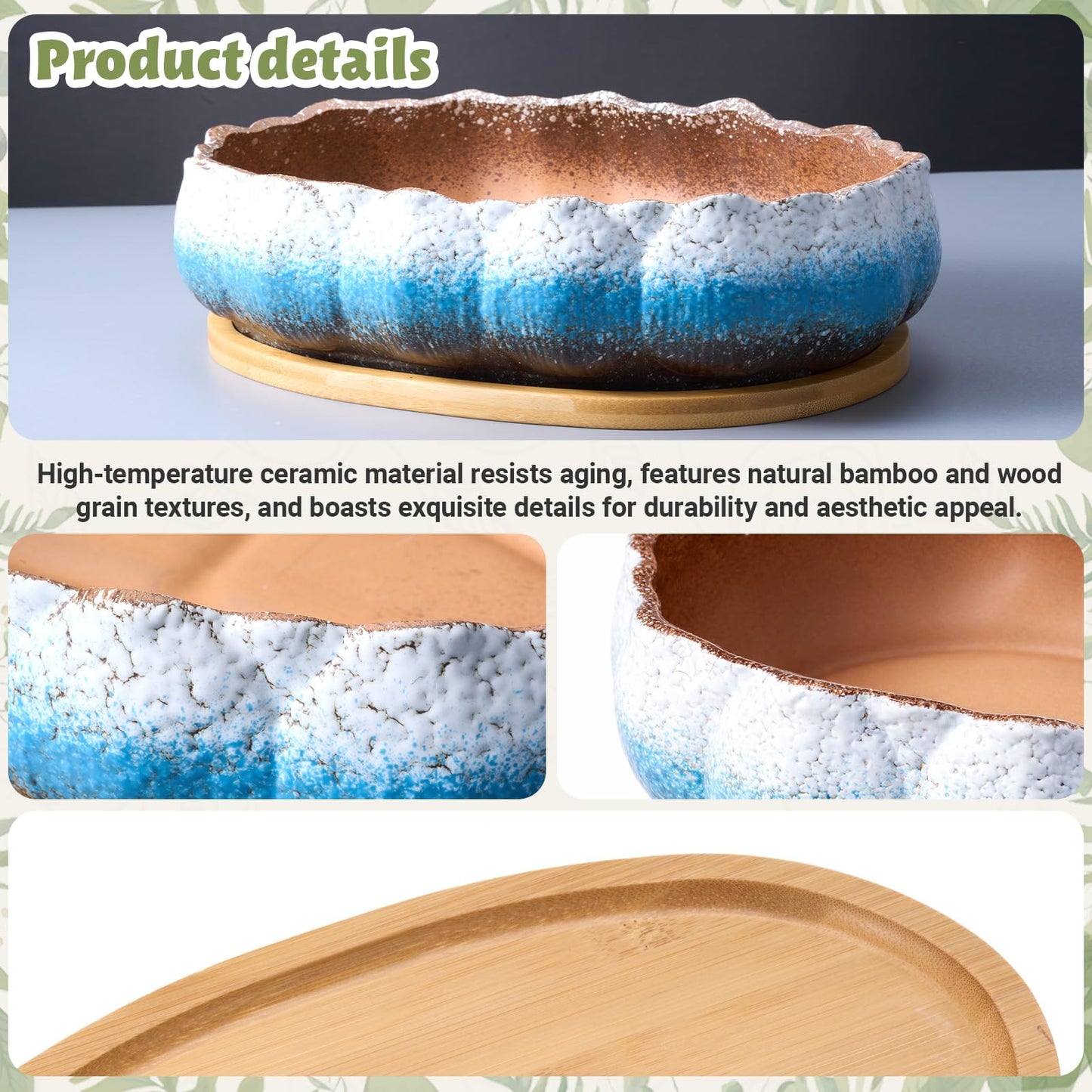 Singhoow Succulent Planter Pot with Drainage Holes Large Ceramic Glazed Planter with Bamboo Wooden Tray and mesh Pads Shallow Bonsai Pot for Indoor Cactus Flower Plant(Lotus-Shaped,Turquoise)