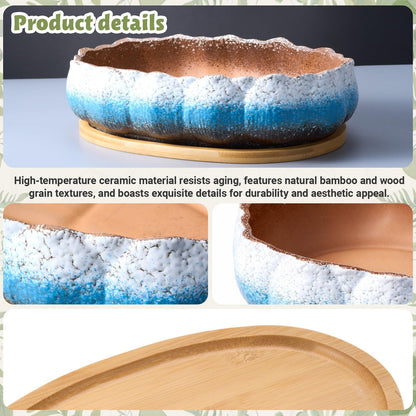Singhoow Succulent Planter Pot with Drainage Holes Large Ceramic Glazed Planter with Bamboo Wooden Tray and mesh Pads Shallow Bonsai Pot for Indoor Cactus Flower Plant(Lotus-Shaped,Turquoise)
