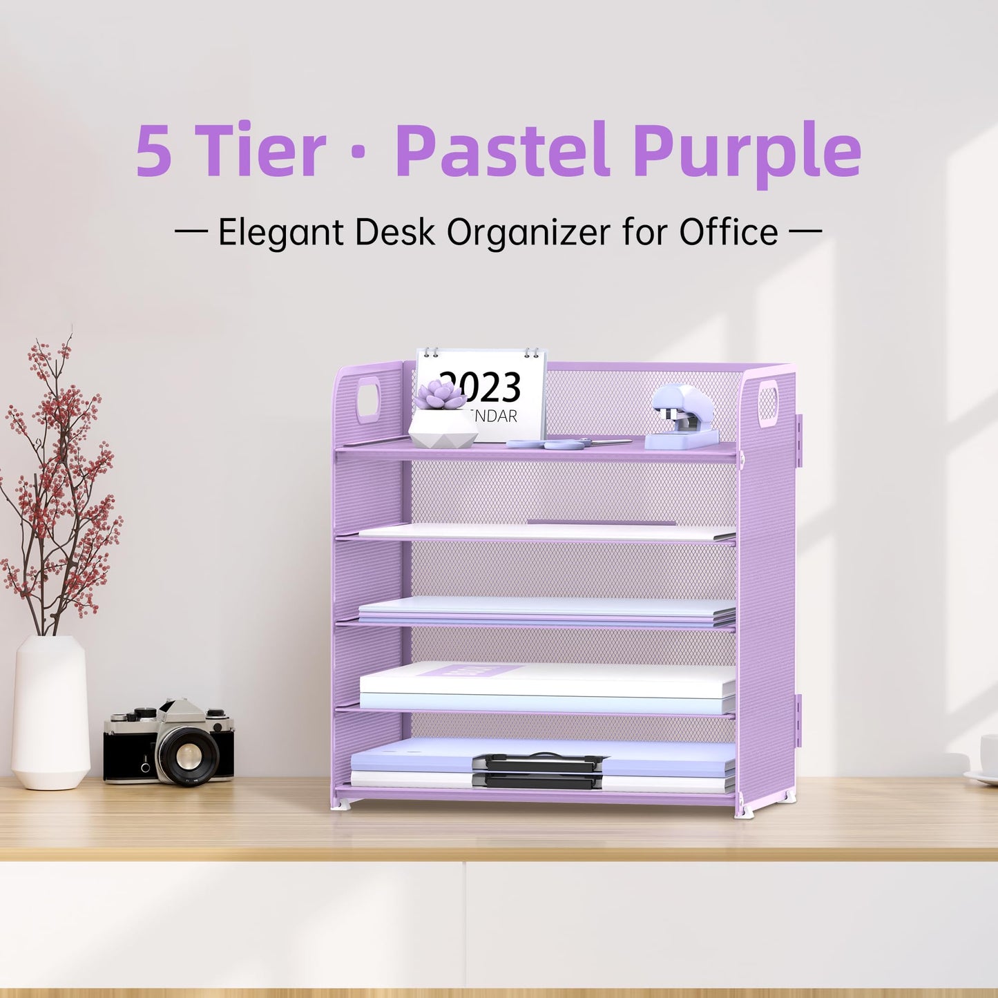 Supeasy 5 Trays Paper Organizer Letter Tray with Handle-Mesh Desk File Holders, Paper Sorter Desk Organizer for Office, Home, Classeoom or School, Purple