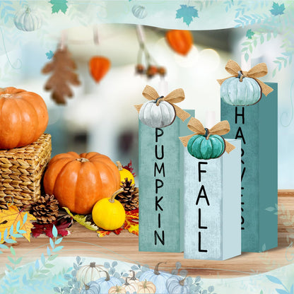 3 Pcs Blue Fall Decorations for Home, Blue Pumpkin Tiered Tray Decor Farmhouse Fall Thanksgiving Wooden Table Decor Autumn Harvest Tabletop Centerpieces for Home Kitchen Indoor Mantel