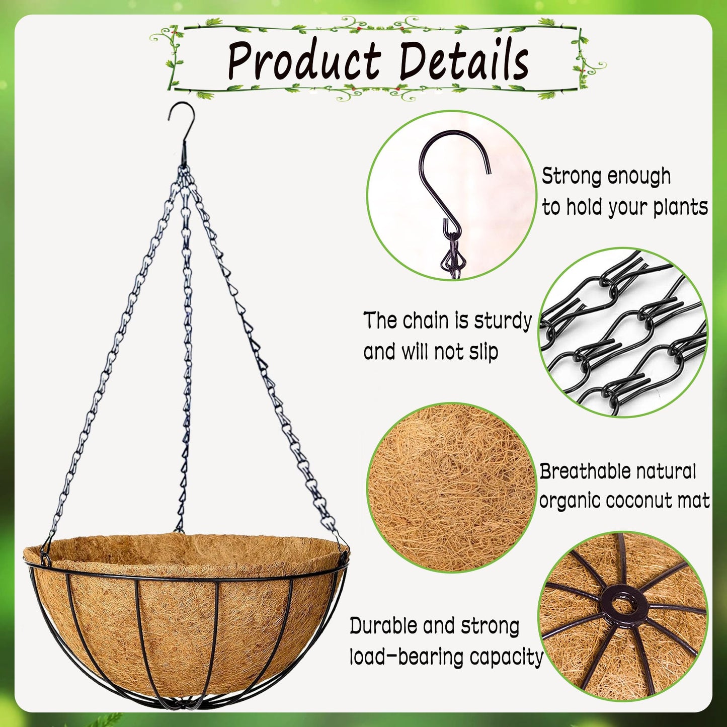 SMYAXUNW 2 Pack Hanging Planters 12 Inch Metal Hanging Planter Basket Flower Pots with Coco Coir Liners Round Wire Plant Holder for Indoor Outdoor Patio Porch Garden Railings Decoration