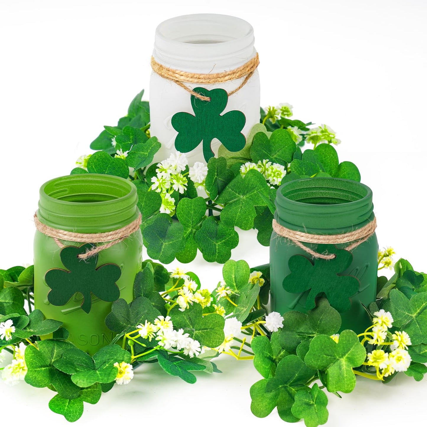 St. Patrick’s Day Mason Jar Decor Set of 3 – Green Farmhouse Table Centerpiece with Shamrock Wreath & Wooden Clover Accents, Irish Spring Home Decorations