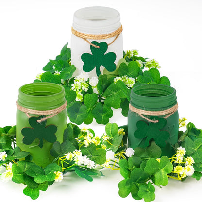 St. Patrick’s Day Mason Jar Decor Set of 3 – Green Farmhouse Table Centerpiece with Shamrock Wreath & Wooden Clover Accents, Irish Spring Home Decorations