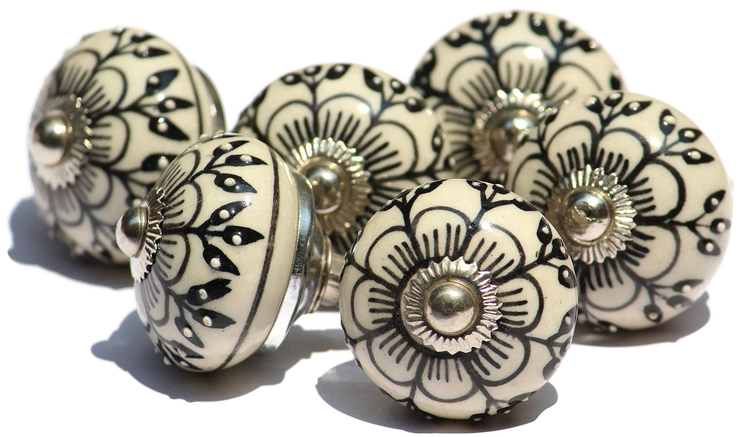 owlKraft Set of 6 Unique Handmade Ceramic Knobs | Modern Drawer Knobs | Trendy Cabinet Door Knobs | Dresser Drawers - Countryside (Style 2, Black and White (Beige) Flower Design)