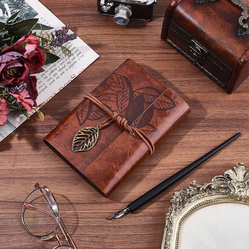 CALFOVERA A7 PU Leather Diary Vintage Writing Travel Business Work Notepad with Lined Pages Leaves Carving Leather Journal Notebook Binder Cover with Book Insert for Men Women(Brown)