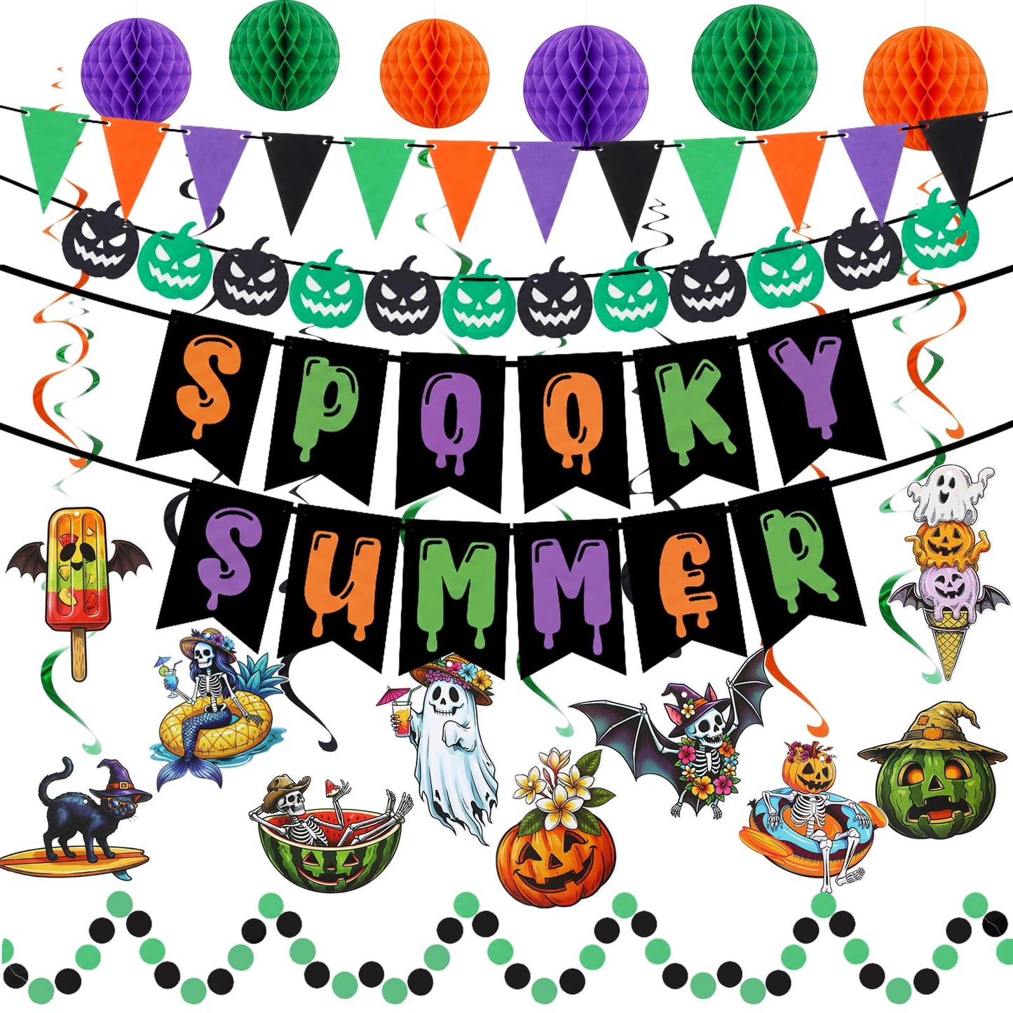 Crtiin Summer Halloween Banner Decorations Spooky Summer Hanging Banner with Honeycomb Balls Hawaii Halloween Paper Garland Photo Props Skeleton Mermaid Ghost Charms for Hallows Beach Party