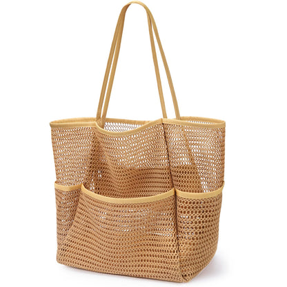 KPX Beach Bag with Mini Pocket, Summer Beach Tote Bags for Women Large Foldable Mesh Swimming Pool Travel Bags - Sandproof(Khaki)