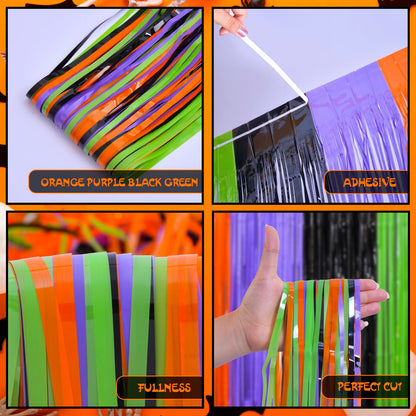 Mega-L Halloween Party Decorations, 2 Packs Orange Purple Black Green Photo Booth Props, 3.3 x 6.6 ft Halloween Foil Fringe Curtains with Bats, Photo Backdrop Streamers Halloween Party Supplies